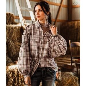 Gimmicks Plaid Button Up‎ Top Balloon Sleeves Western Style Brown Size M Grunge